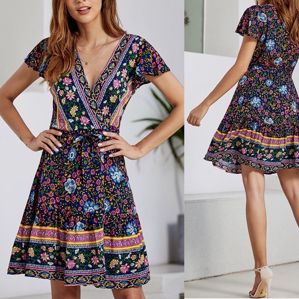 Moody Floral Wrap Dress Blue Boho Mini Dress - Picture 5 of 7
